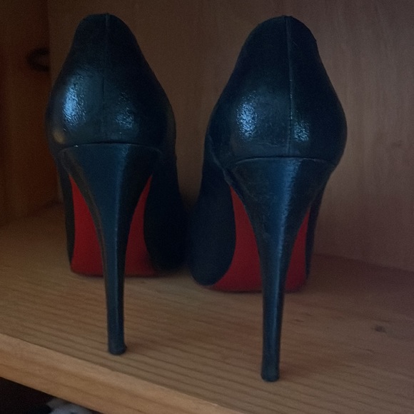 Christian Louboutin Black Textured Leather Red Bottom High Heel Platform Pumps - Picture 3 of 14